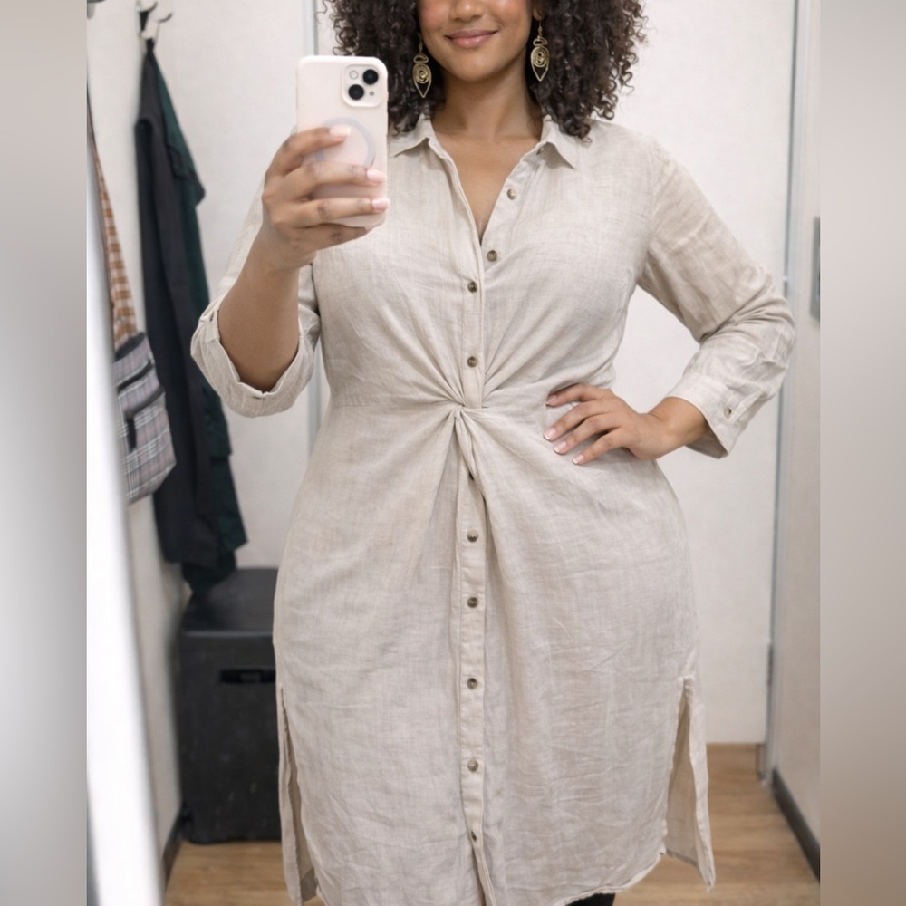 Linen Blend Shirt Dress Ivory Button Front Tie Waist Coastal Minimalist S